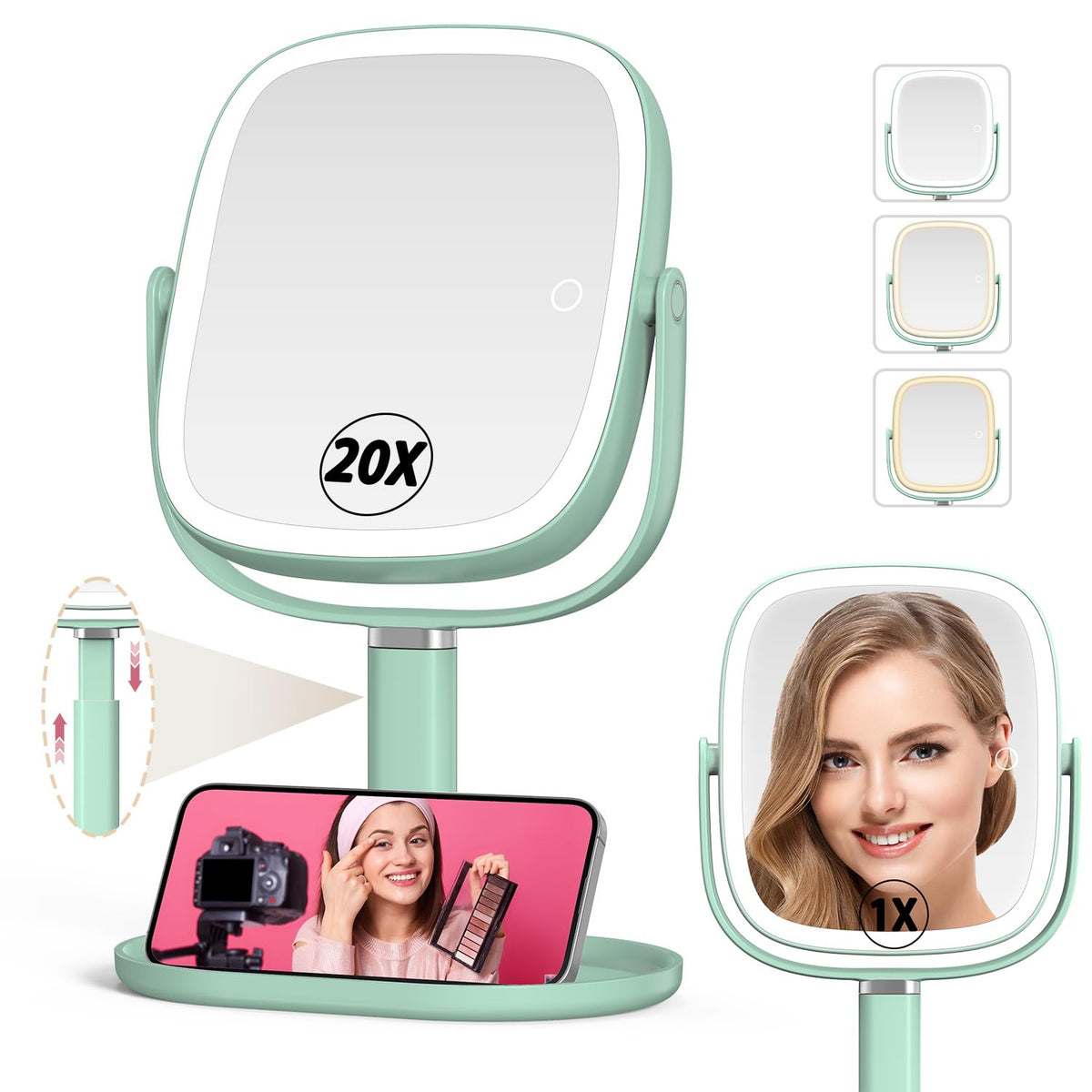 Mocado Makeup Mirror with Lights, 1X/20X Magnifying Mirror with Light | 3 Colors Lights, Phone Holder, 360° Rotation, Height Adjustable, 0-100% Brightness Adjustable, Memory Function (White)