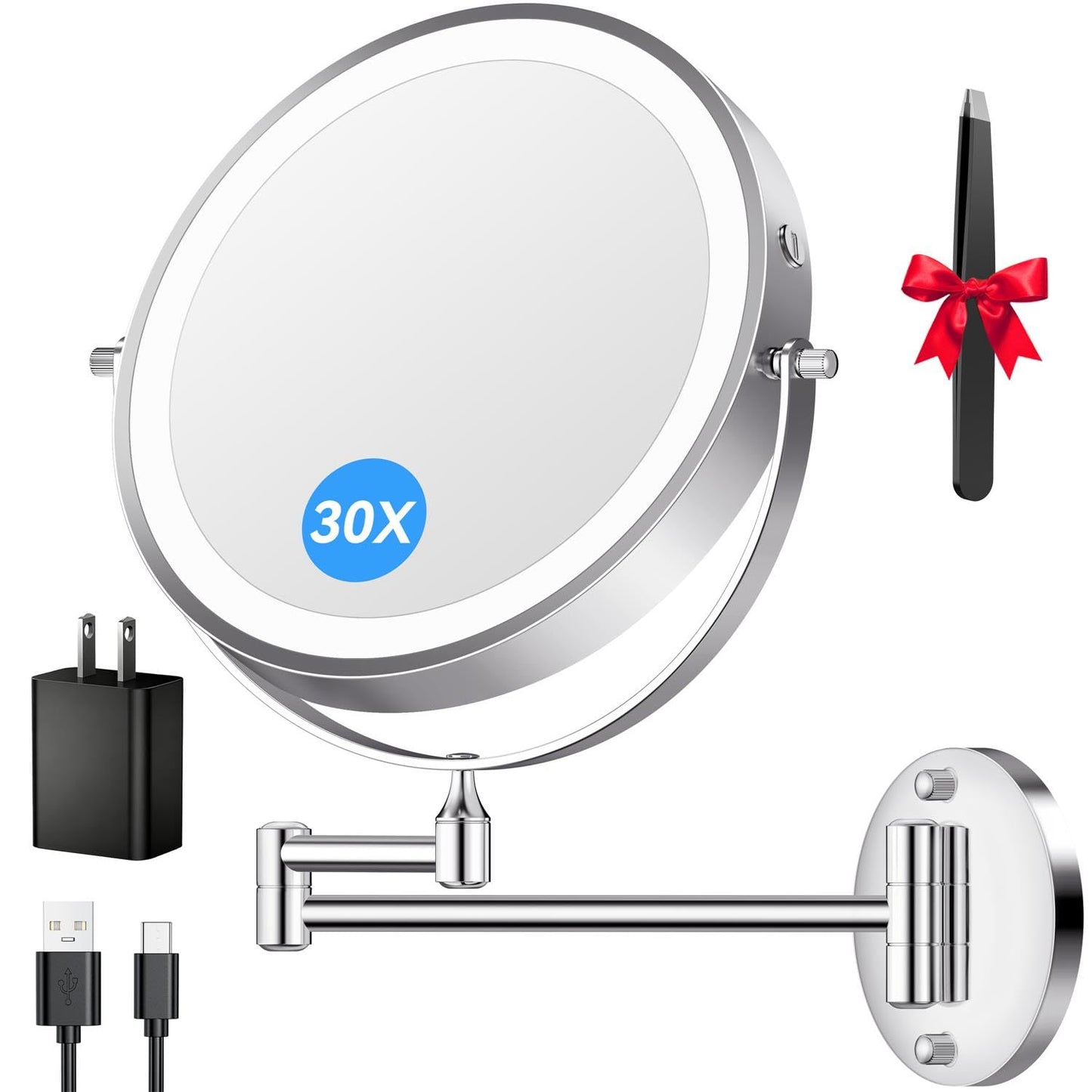 Auxmir 9″ 5000mAh 1X/30X Wall Mounted Lighted Magnifying Makeup Mirror | Power Adapter&2 Tweezers Included/ 3 Dimmable Colors/ Dual Sided Button Control/ Rechargeable/ 360° Rotation/ Nickel