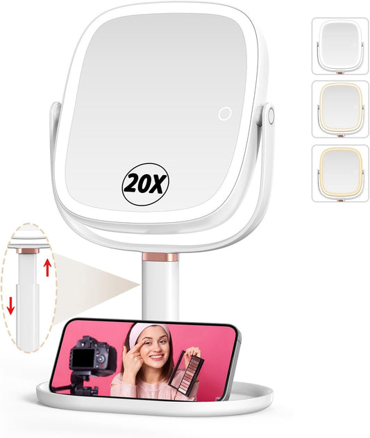 Mocado Makeup Mirror with Lights, 1X/20X Magnifying Mirror with Light | 3 Colors Lights, Phone Holder, 360° Rotation, Height Adjustable, 0-100% Brightness Adjustable, Memory Function (White)