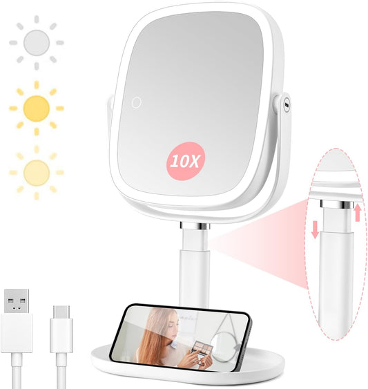 Vanmirr Lighted Makeup Mirror, Height-Adjustable with Magnification | 1x/10x Magnifying Mirror,Rechargeable Vanity Mirror with 3 Color Lights,Double Sided 360°Rotation,Memory Function