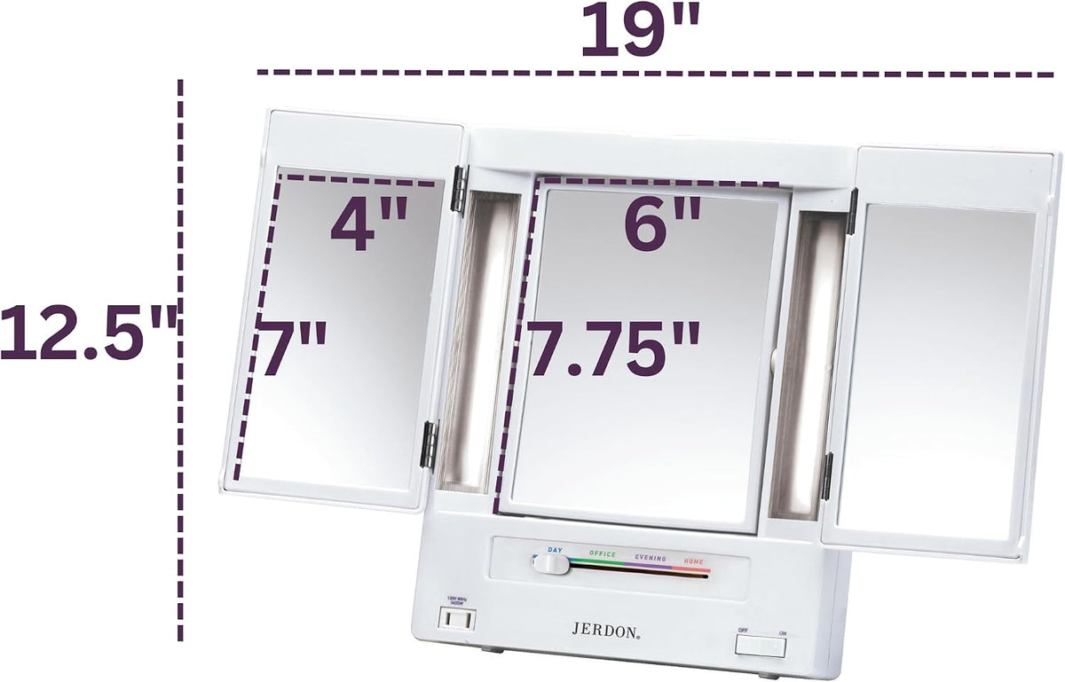 JERDON Lighted Makeup Mirror with 5X Magnification - White - JGL9W | Tri-Fold Two-Sided Design, Multiple Light Settings