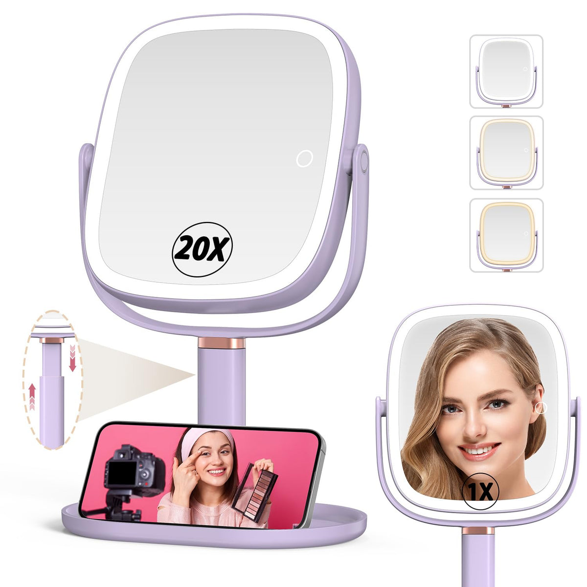 Mocado Makeup Mirror with Lights, 1X/20X Magnifying Mirror with Light | 3 Colors Lights, Phone Holder, 360° Rotation, Height Adjustable, 0-100% Brightness Adjustable, Memory Function (White)