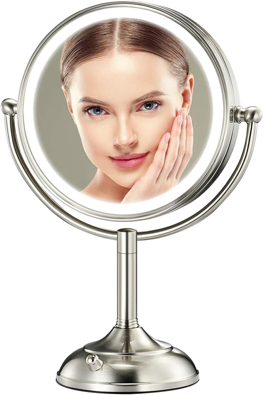 Professional 8.5" Large Lighted Makeup Mirror with Brighter Lights, 1X/10X True HD Magnifying Mirror with 3 Color Dimmable Lights, 90 Shadowless LEDs, 360°Swivel Seamless Vanity Mirror, Pearl Nickel