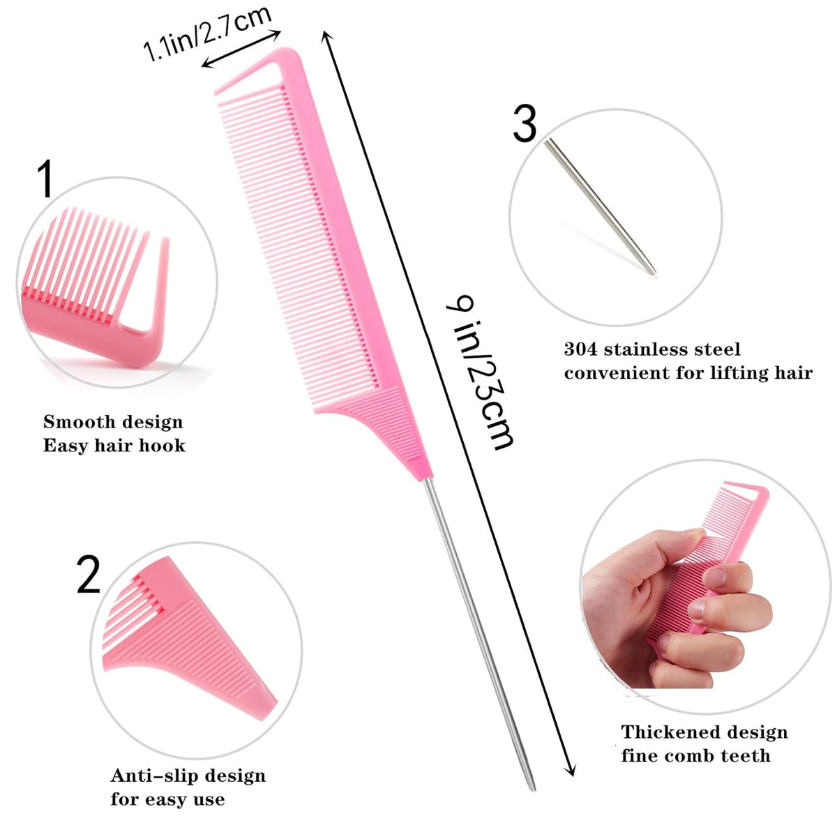 10pcs Rat Tail Combs Set,Salon Hair Stylists Metal Fine Tooth Combs | Parting Combs for Hair Teasing and Braiding,Women GirlStyling Combs for