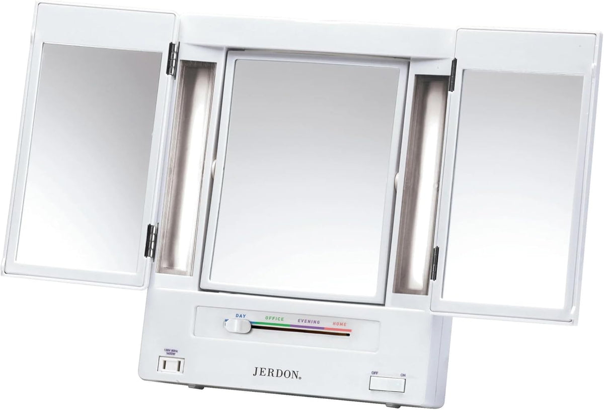 JERDON Lighted Makeup Mirror with 5X Magnification - White - JGL9W | Tri-Fold Two-Sided Design, Multiple Light Settings
