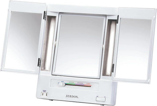 JERDON Lighted Makeup Mirror with 5X Magnification - White - JGL9W | Tri-Fold Two-Sided Design, Multiple Light Settings