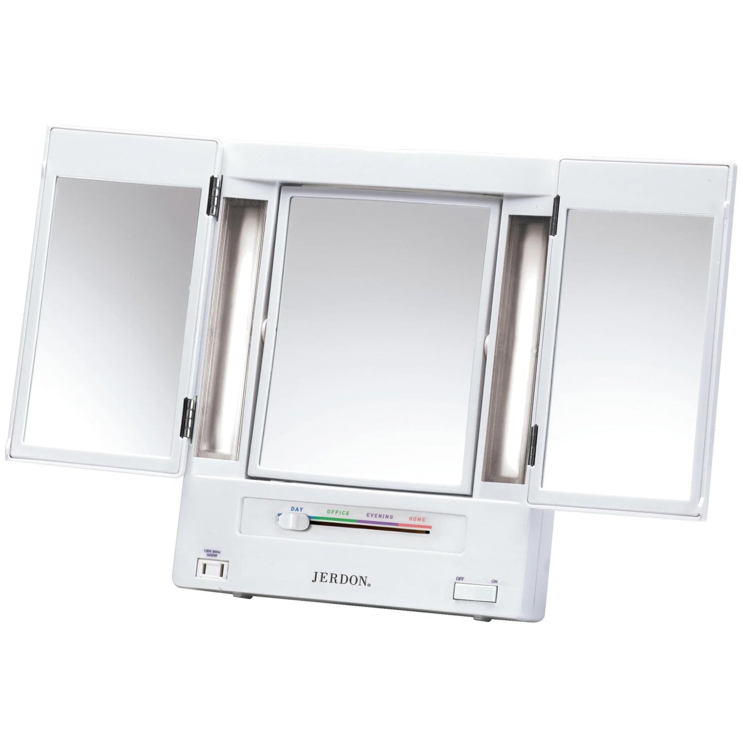 JERDON Lighted Makeup Mirror with 5X Magnification - White - JGL9W | Tri-Fold Two-Sided Design, Multiple Light Settings