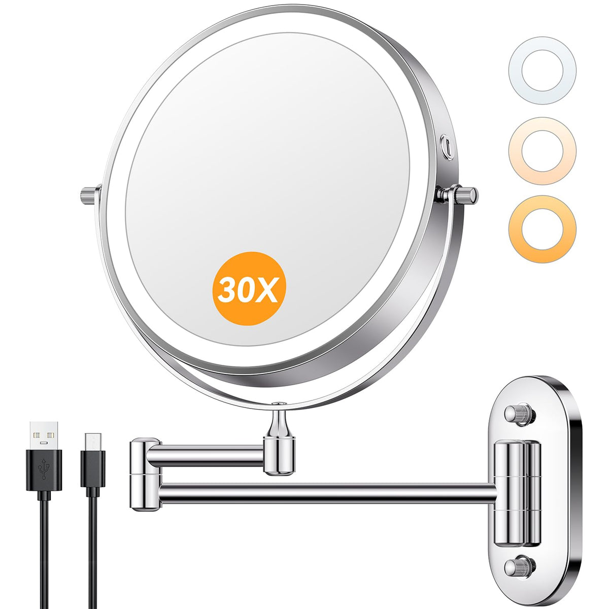 Auxmir 1X/30X Wall Mounted Makeup Mirror, 8" Rechargeable Magnifying Mirror | double-sided button, 3200mAh, 3 dimmable colors, 360° rotation, extended arm, 30X magnification, bathroom, nickel