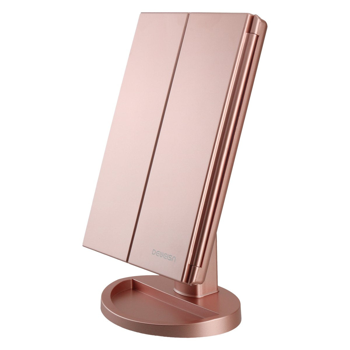 Dresser Mount Tri-Fold Lighted Vanity Mirror with 21 LED Lights, Touch Screen and 3X/2X/1X Magnification, Two Power Supply Modes Make Up Mirror,Travel Mirror