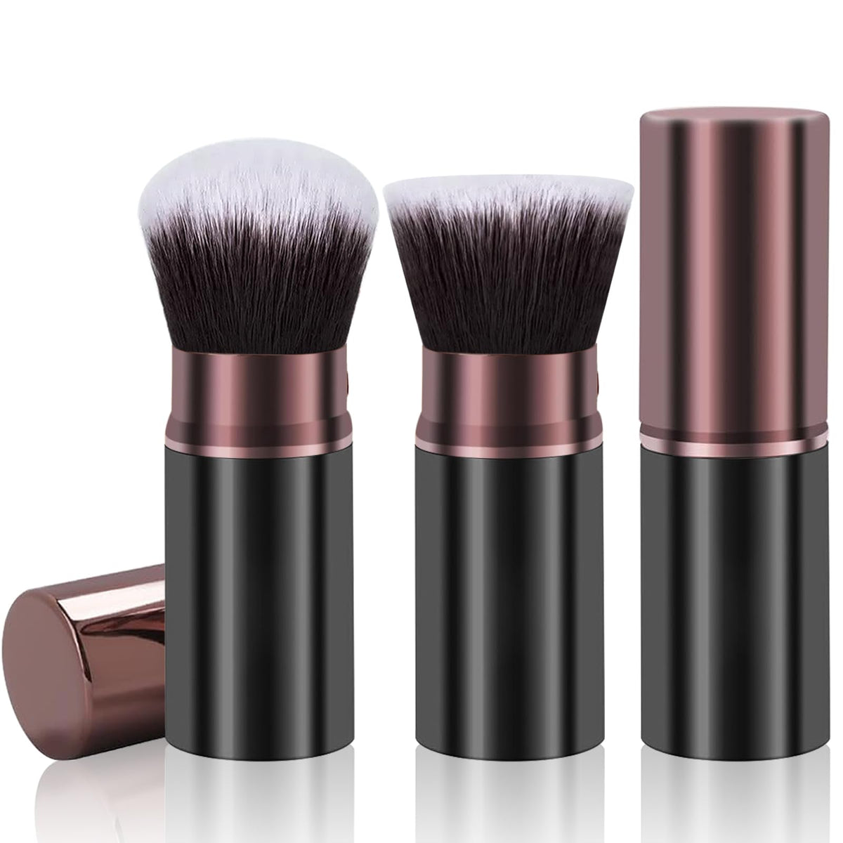 Retractable Kabuki Brush, 2 Pack Travel Foundation Face Makeup Brush Set | Powder Makeup Brushes for Blush, Liquid, Cream, Cosmetics, Loose Powder, Bronzer, with Aluminum Handle, Cover