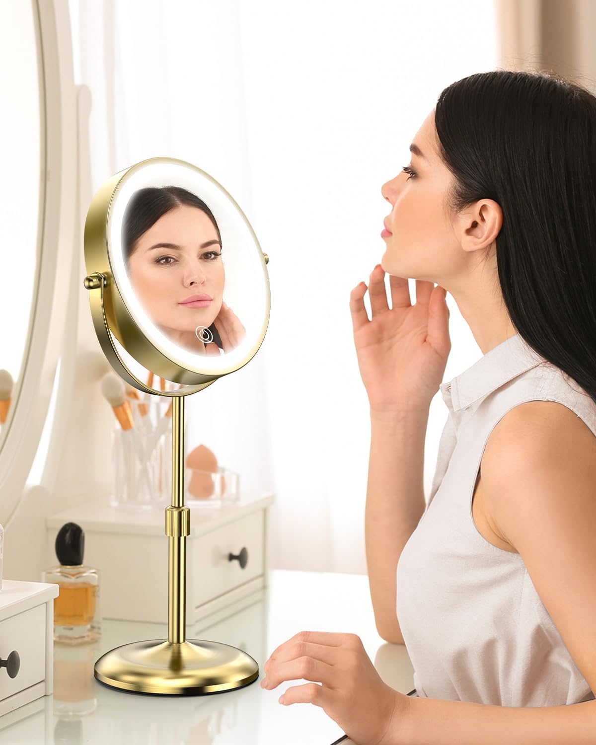 7" Lighted Makeup Mirror with 3 Color Lights & 10X Magnification, Adjustable Brightness & Height, 360° Swivel Rechargeable 10X LED Magnifying Vanity Mirror with Light, Gold