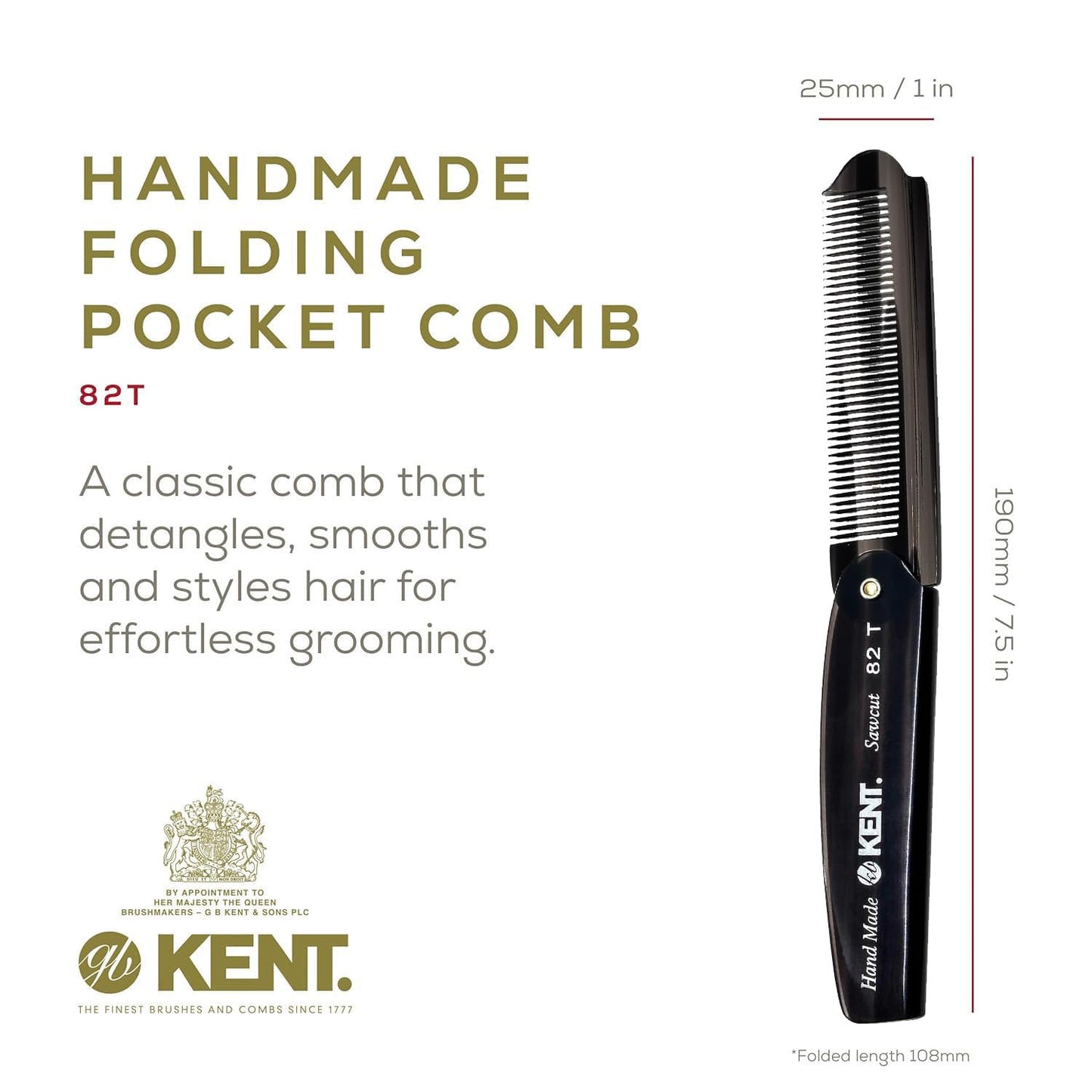 Kent 82T Black Graphite Folding Pocket Comb for Men, Fine Tooth Hair Comb Straightener for Everyday Grooming, Beard or Mustache, Use Dry or with Balms, Saw Cut Hand Polished, Made in England