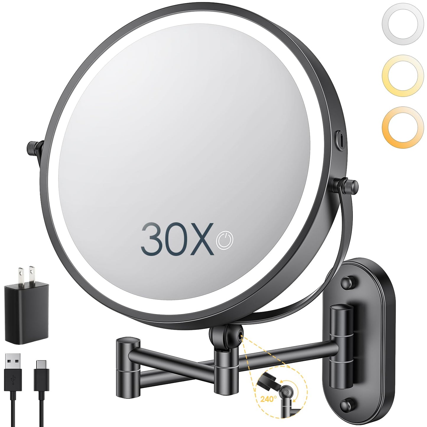ZLOKLA 9" Wall Mounted Lighted Makeup Mirror,4000mAh Rechargeable Double Sided 1X/30X Magnifying Mirror with Light,Touch Dimmable,Extended Arm 360 Rotation Wall Mounted Makeup Mirror 3 Color Lights-N