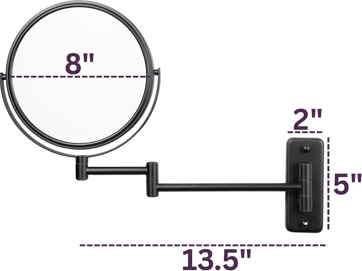 JERDON Wall-Mounted Makeup Mirror - 5X Magnification - Black - JP7506BK | 8" Round Frame, 13.5" Wall Extension Arm