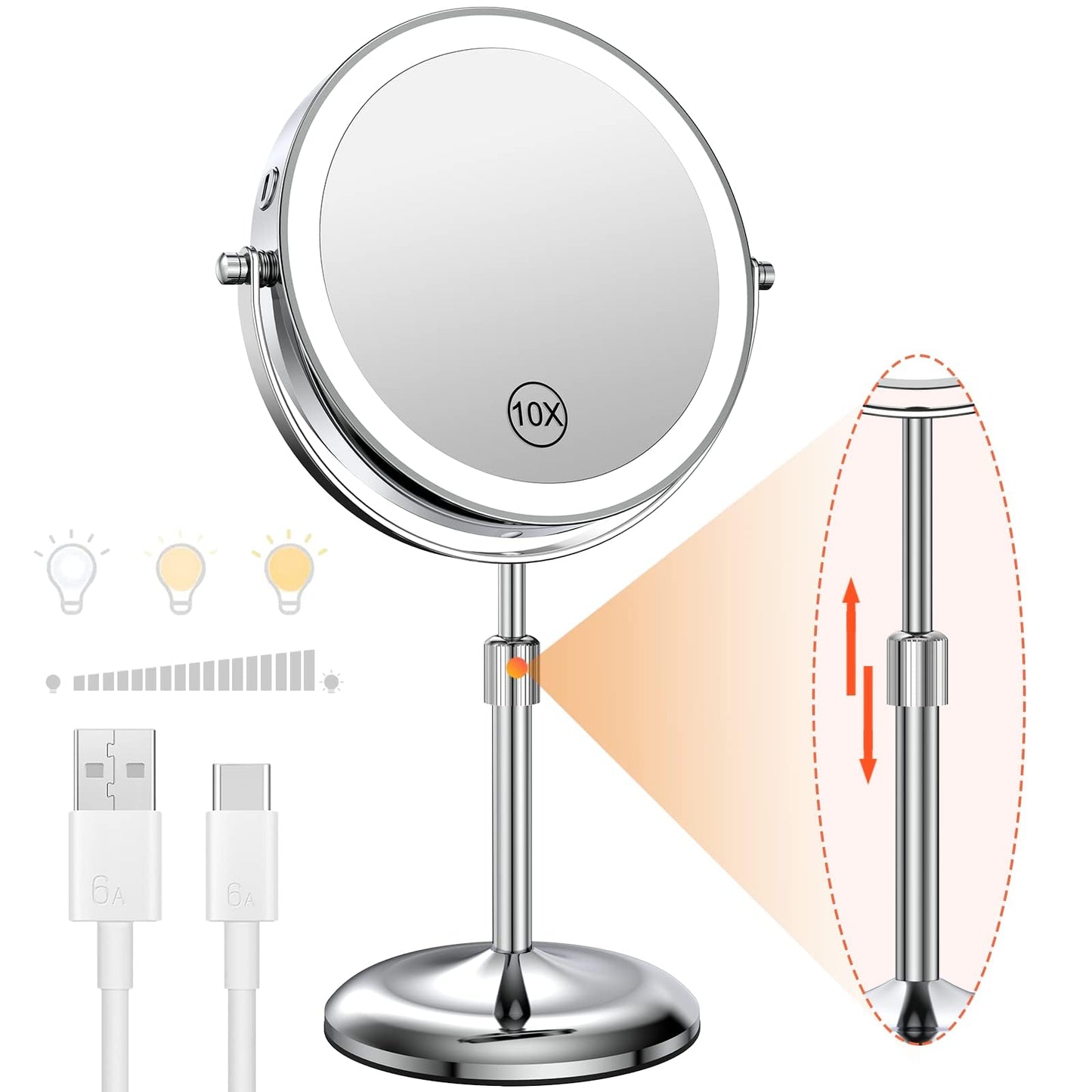 7" Lighted Makeup Mirror with 3 Color Lights & 10X Magnification, Adjustable Brightness & Height, 360° Swivel Rechargeable 10X LED Magnifying Vanity Mirror with Light, Gold