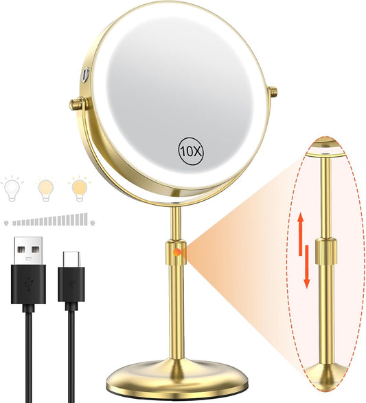 7" Lighted Makeup Mirror with 3 Color Lights & 10X Magnification, Adjustable Brightness & Height, 360° Swivel Rechargeable 10X LED Magnifying Vanity Mirror with Light, Gold