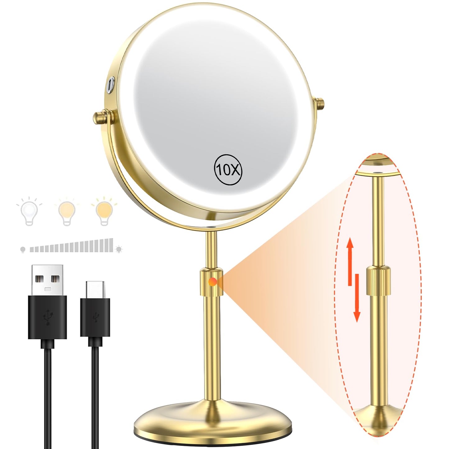 7" Lighted Makeup Mirror with 3 Color Lights & 10X Magnification, Adjustable Brightness & Height, 360° Swivel Rechargeable 10X LED Magnifying Vanity Mirror with Light, Gold