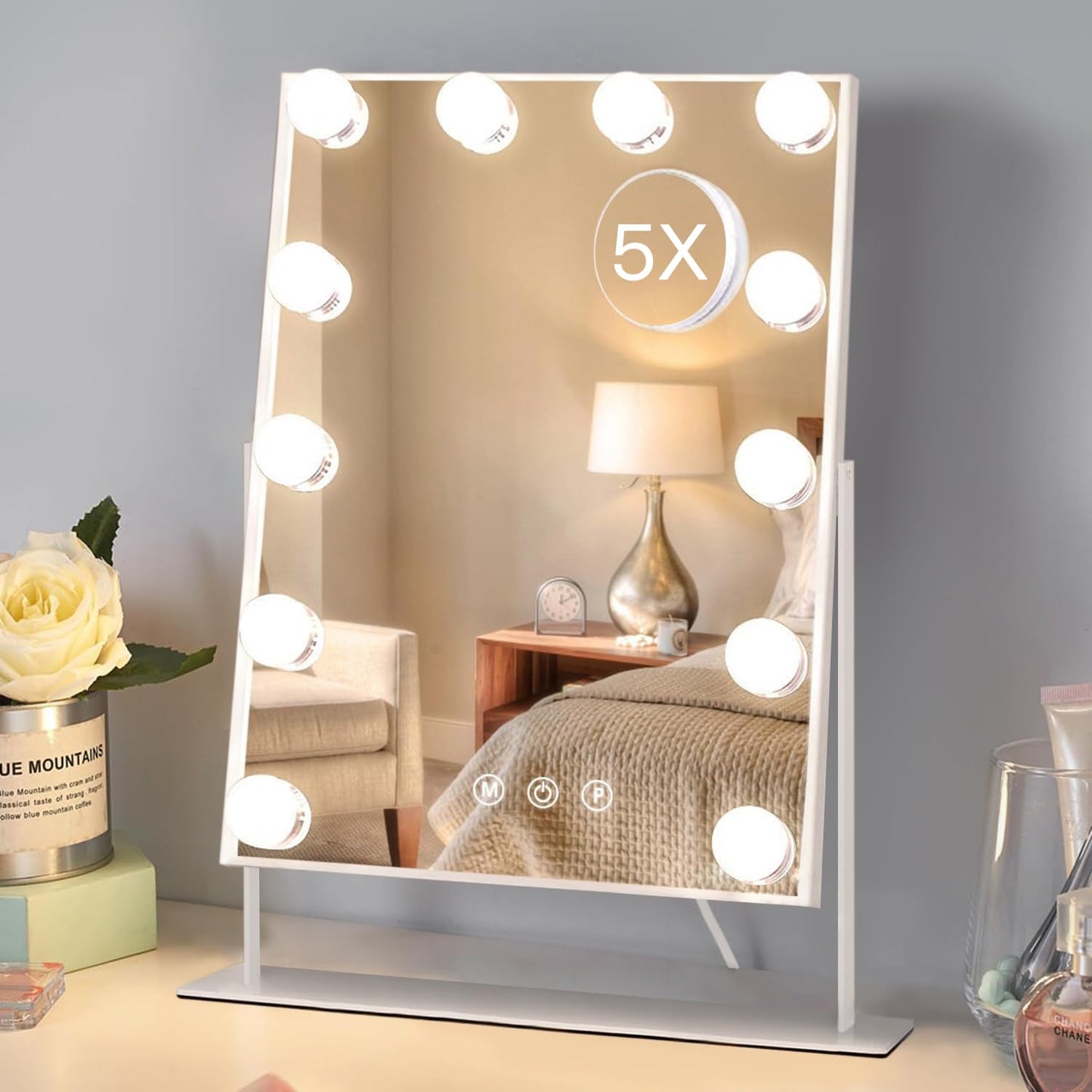 HIEEY Vanity Mirror with Lights, 13.5" x 17.4" Makeup Mirror with Lights, Three Color Lighting Modes, and 5X Magnification Mirror, Smart Touch Control, 360°Rotation (White,Gift Box)