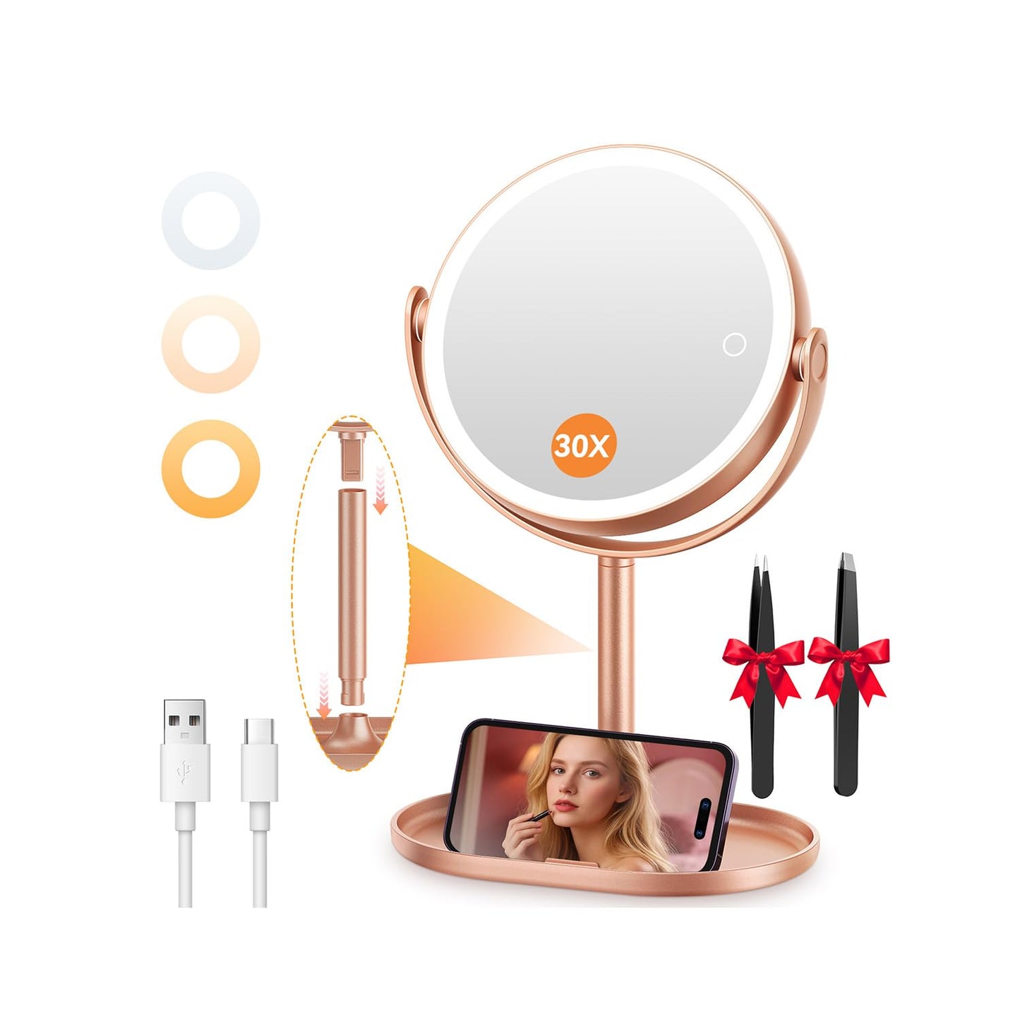Auxmir 30X/1X Detachable Makeup Mirror with Lights, 3-Color Dimmable Lights | 64 LEDs, 3-Color Dimmable, Dual-Side Touch Control, 360° Rotation, 2000mAh Rechargeable, Detachable Design for Travel