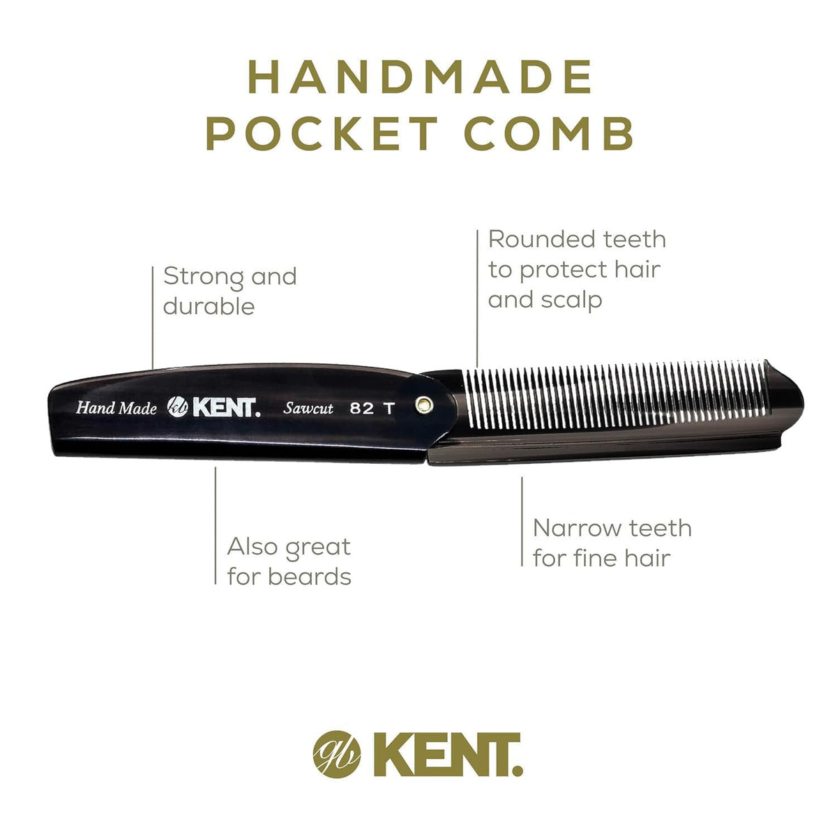 Kent 82T Black Graphite Folding Pocket Comb for Men, Fine Tooth Hair Comb Straightener for Everyday Grooming, Beard or Mustache, Use Dry or with Balms, Saw Cut Hand Polished, Made in England