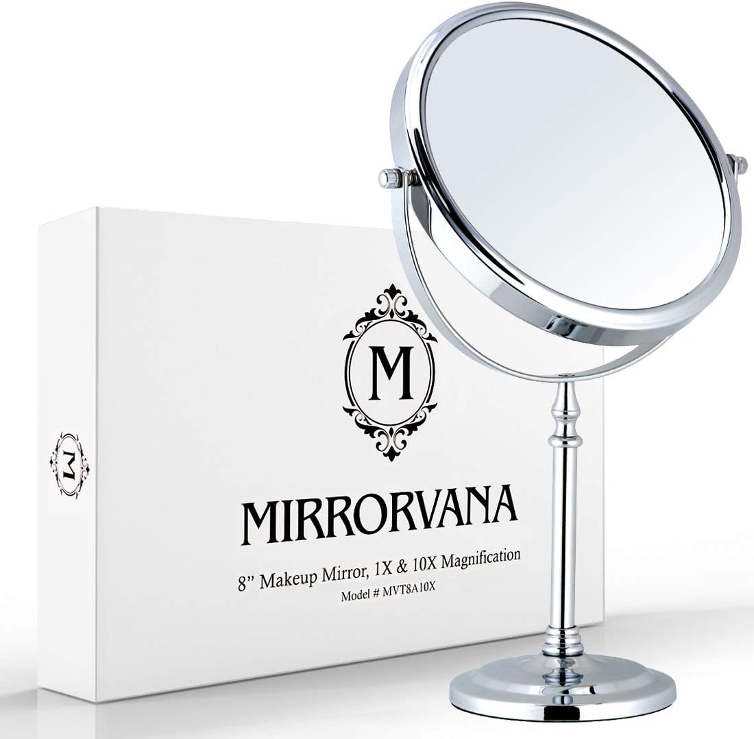 Large Double Sided 10X/1X Makeup Mirror, 15" x 8" (Chrome) | Dual sided Magnifying Mirror on Stand for Bedroom Vanity & Bathroom Use - Classic Free Standing Table Mirror for Skincare