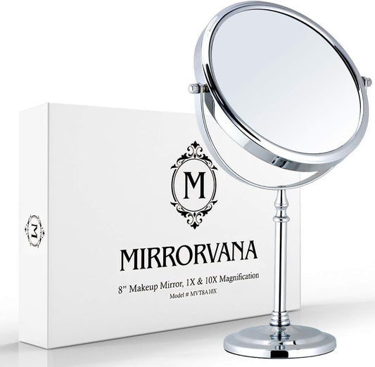 Large Double Sided 10X/1X Makeup Mirror, 15" x 8" (Chrome) | Dual sided Magnifying Mirror on Stand for Bedroom Vanity & Bathroom Use - Classic Free Standing Table Mirror for Skincare
