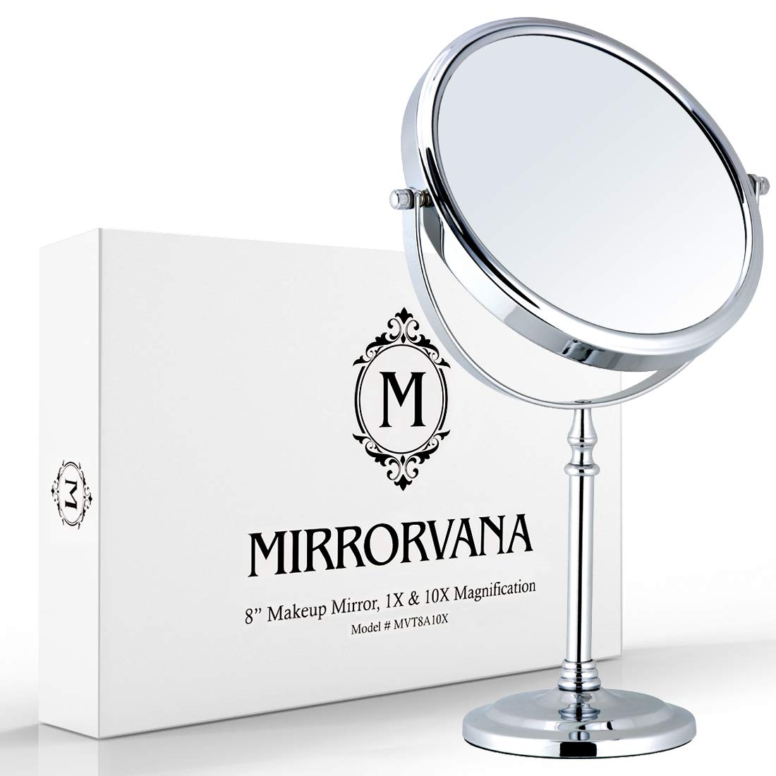Large Double Sided 10X/1X Makeup Mirror, 15" x 8" (Chrome) | Dual sided Magnifying Mirror on Stand for Bedroom Vanity & Bathroom Use - Classic Free Standing Table Mirror for Skincare
