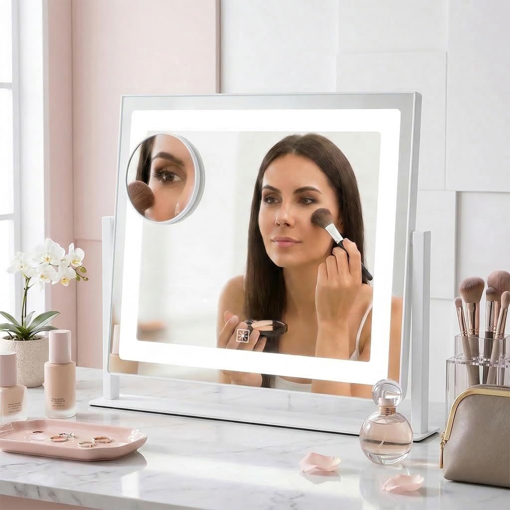 12" x 14" Vanity Mirror with Light, Lighted Makeup Mirror | 3 Color Lighting and Stepless Dimming, Plug-in Required, Memory, Easy Installion, Smart Touch, White