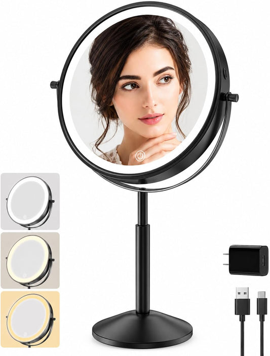 O'VANTAGE 9" Lighted Makeup Mirror with Lights, Rechargeable Cordless Vanity Mirror, 1X/10X Double Sided Magnification, CRI 97 True Daylight, Height Adjustable 15"-19", 3 Color Dimmable LED