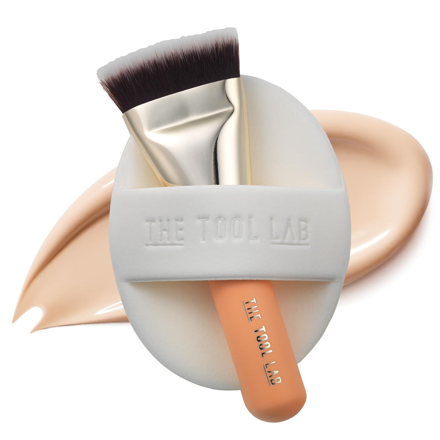 THE TOOL LAB All Day Fitting Duo (Glow type) - Premium Base Makeup Set for Liquid Cream Powder Foundation, Buffing Blending Face Brush, Sponge, Portable Case - 1.1" Flat Top Brush