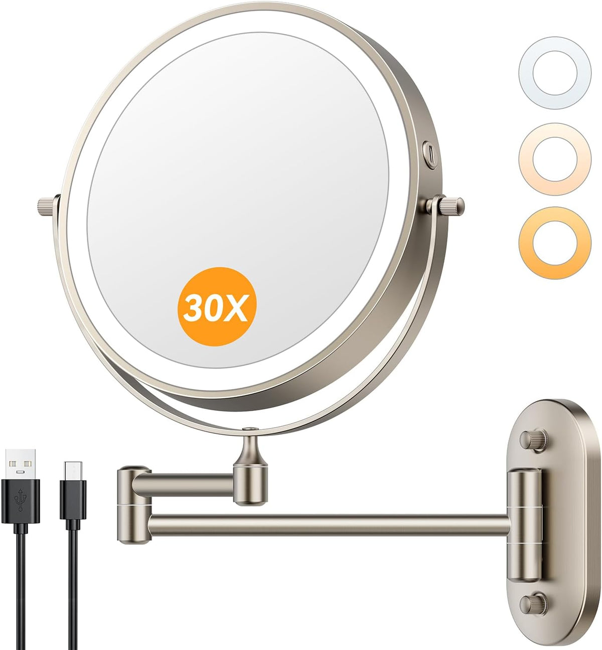 Auxmir 1X/30X Wall Mounted Makeup Mirror, 8" Rechargeable Magnifying Mirror | double-sided button, 3200mAh, 3 dimmable colors, 360° rotation, extended arm, 30X magnification, bathroom, nickel