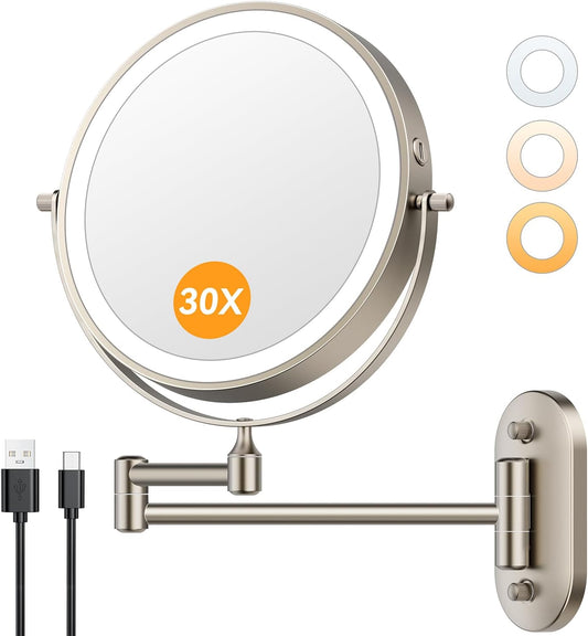 Auxmir 1X/30X Wall Mounted Makeup Mirror, 8" Rechargeable Magnifying Mirror | double-sided button, 3200mAh, 3 dimmable colors, 360° rotation, extended arm, 30X magnification, bathroom, nickel