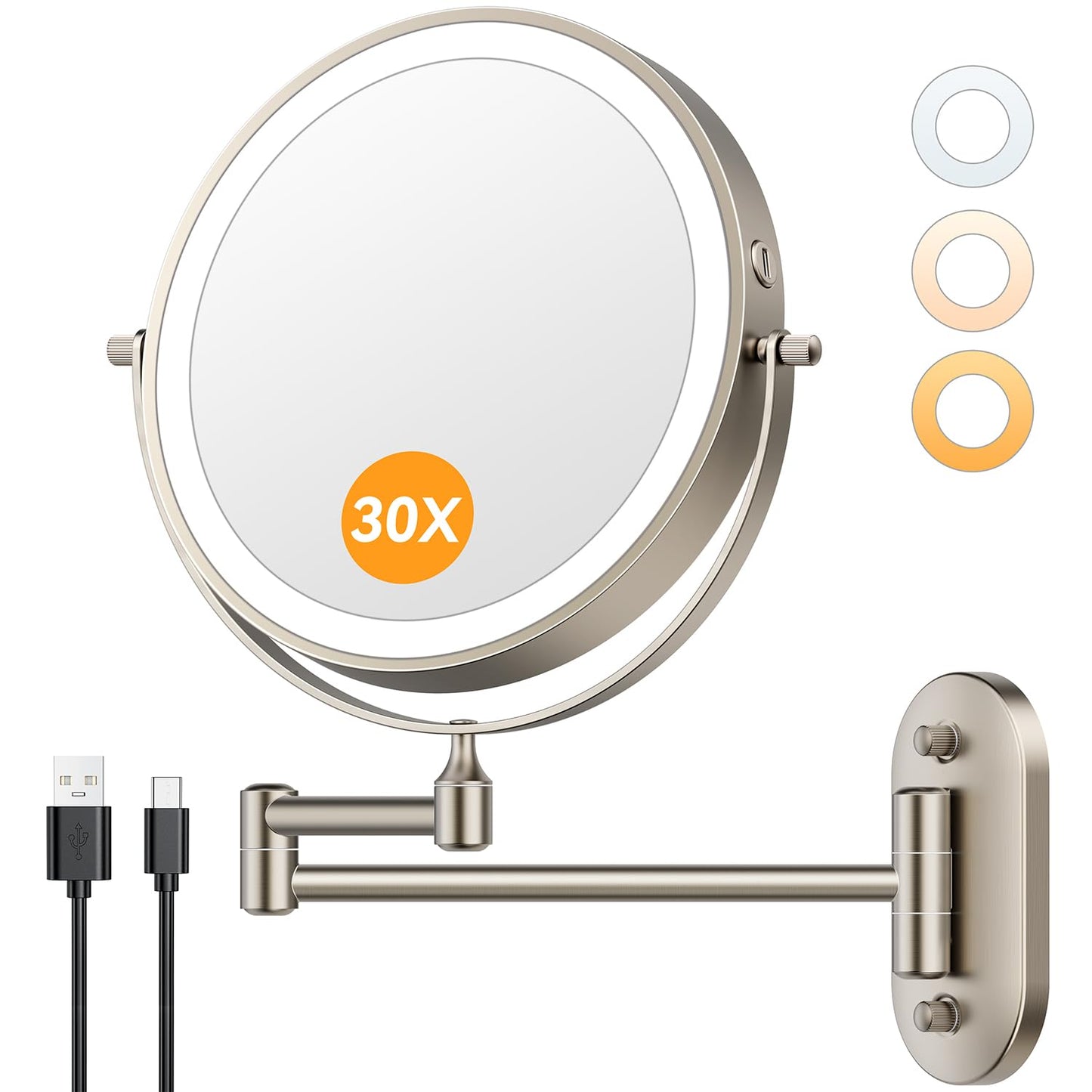 Auxmir 1X/30X Wall Mounted Makeup Mirror, 8" Rechargeable Magnifying Mirror | double-sided button, 3200mAh, 3 dimmable colors, 360° rotation, extended arm, 30X magnification, bathroom, nickel