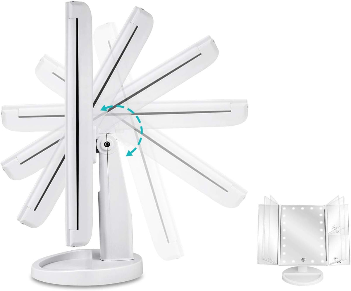 Floor Mount Tri-Fold Lighted Vanity Mirror with 21 LED Lights, Touch Screen and 3X/2X/1X Magnification, Two Power Supply Modes Make Up Mirror,Travel Mirror