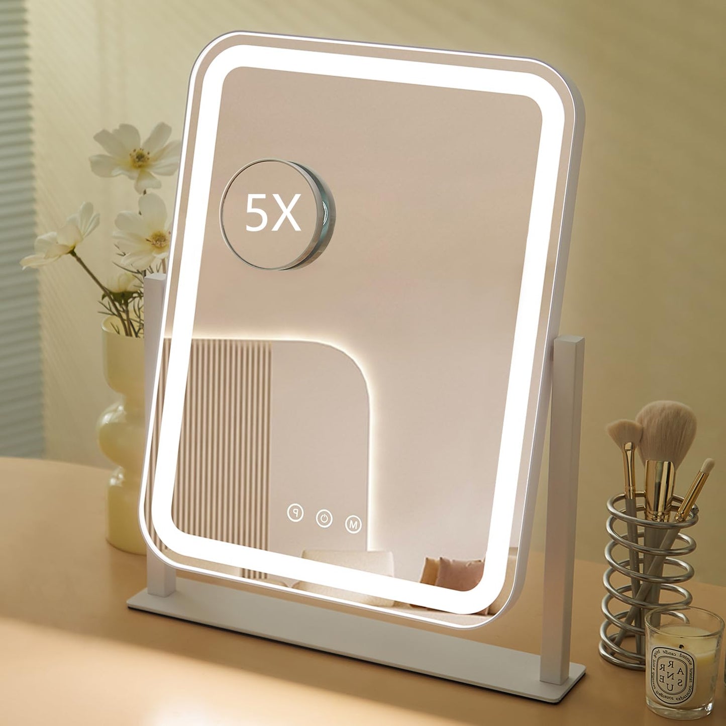 HIEEY Vanity Mirror with Lights, 13.5" x 17.4" Makeup Mirror with Lights, Three Color Lighting Modes, and 5X Magnification Mirror, Smart Touch Control, 360°Rotation (White,Gift Box)