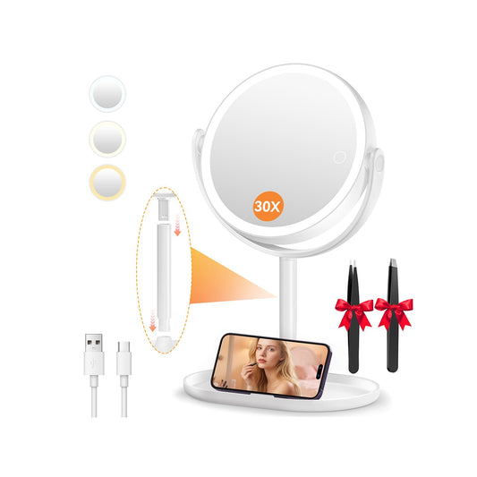Auxmir 30X/1X Detachable Makeup Mirror with Lights, 3-Color Dimmable Lights | 64 LEDs, 3-Color Dimmable, Dual-Side Touch Control, 360° Rotation, 2000mAh Rechargeable, Detachable Design for Travel