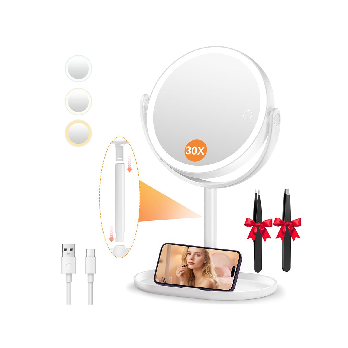 Auxmir 30X/1X Detachable Makeup Mirror with Lights, 3-Color Dimmable Lights | 64 LEDs, 3-Color Dimmable, Dual-Side Touch Control, 360° Rotation, 2000mAh Rechargeable, Detachable Design for Travel