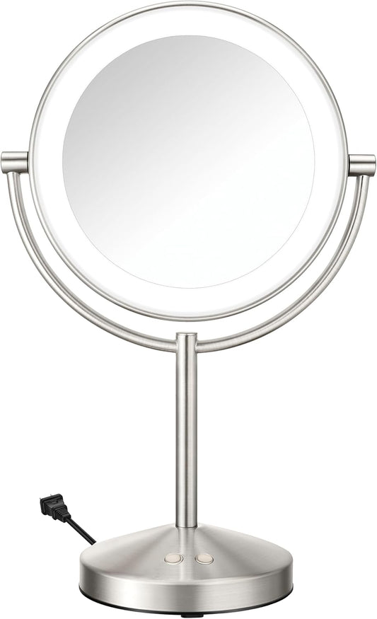 Conair LED Vanity Mirror, Double-Sided, 10x Maginification, Satin Nickel | Lighted makeup mirror with 3 color modes, 360° rotation, a satin nickel finish, a 5-foot power cord, and an 8.5" mirror