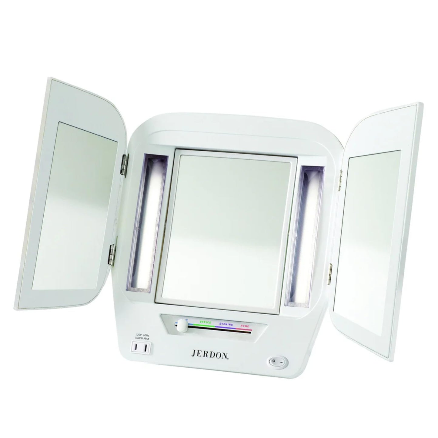 JERDON Lighted Makeup Mirror with 5X Magnification - White - JGL9W | Tri-Fold Two-Sided Design, Multiple Light Settings