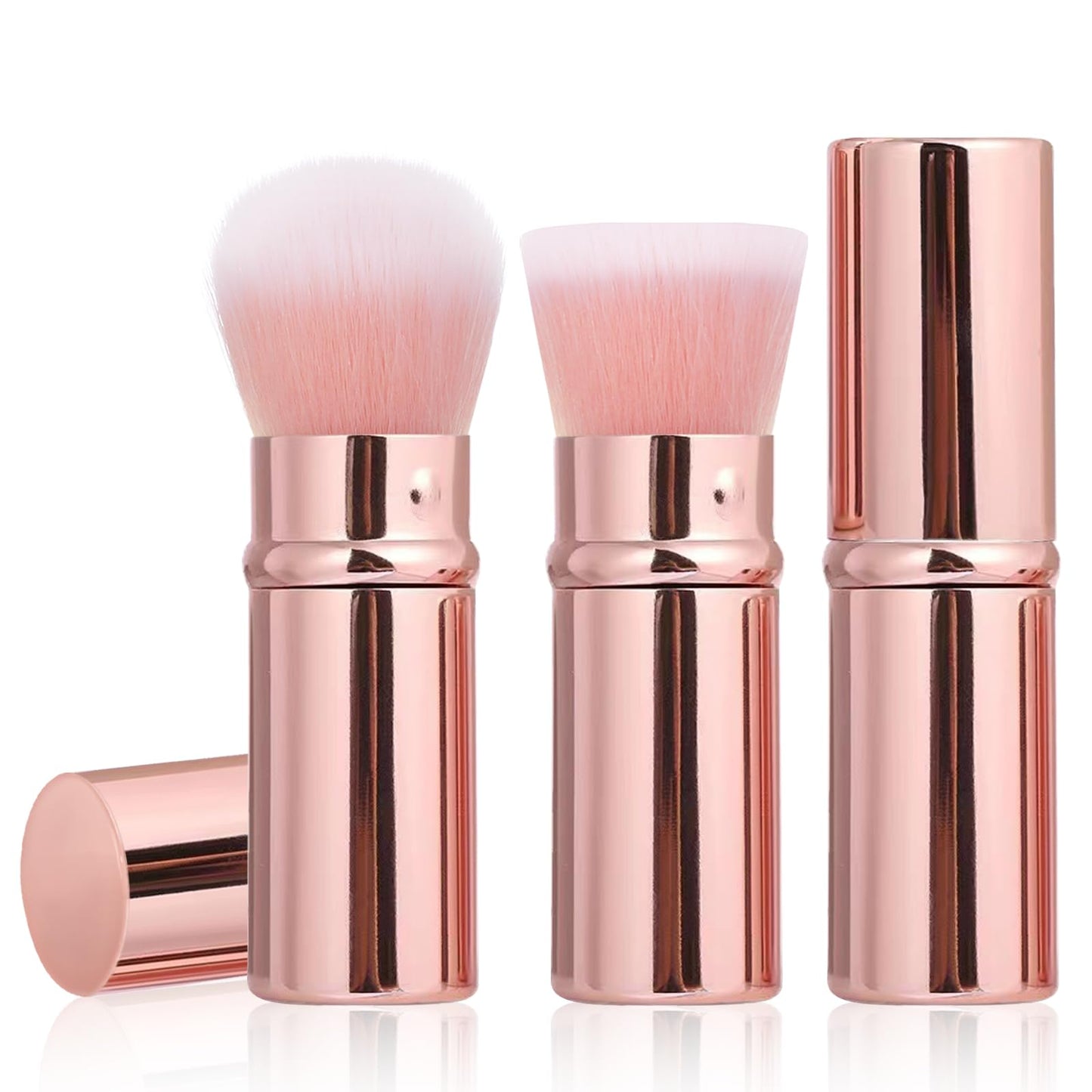 Retractable Kabuki Brush, 2 Pack Travel Foundation Face Makeup Brush Set | Powder Makeup Brushes for Blush, Liquid, Cream, Cosmetics, Loose Powder, Bronzer, with Aluminum Handle, Cover