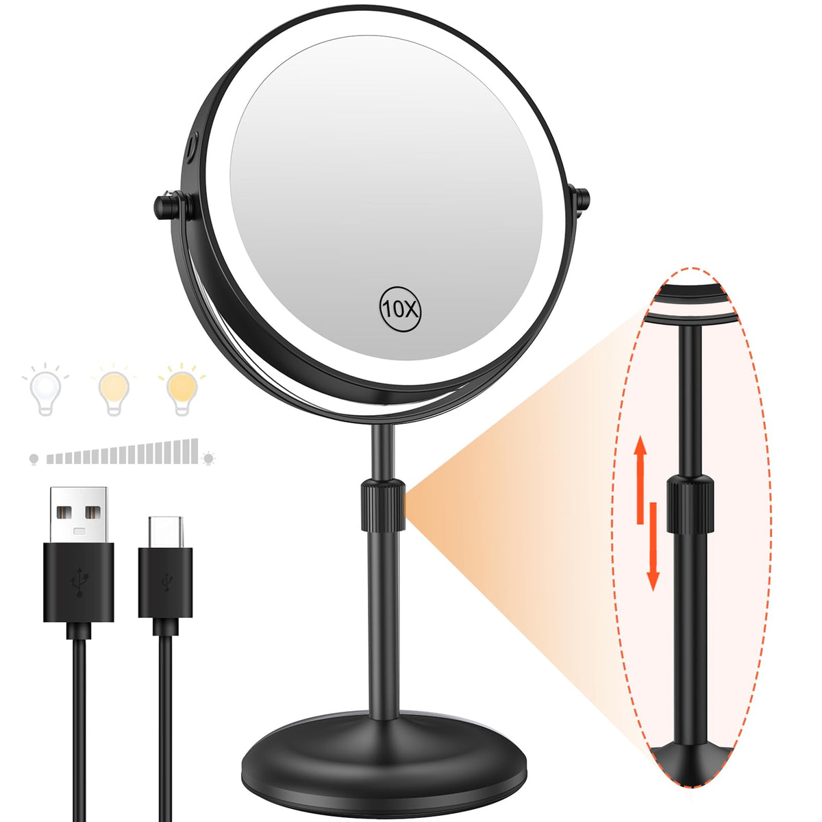 7" Lighted Makeup Mirror with 3 Color Lights & 10X Magnification, Adjustable Brightness & Height, 360° Swivel Rechargeable 10X LED Magnifying Vanity Mirror with Light, Gold