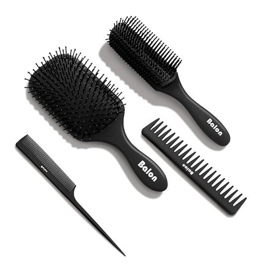 Hair Brush and Comb Set Detangling Styling, Wet-Hair Combing Sectioning | Paddle brush, Styling brush, Wide-tooth & tail comb, Anti-static, Soft bristles gently detangle, Massage scalp, Boost shine