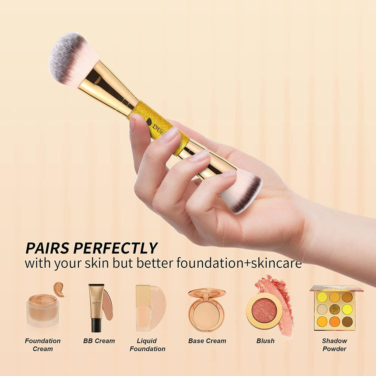 DUcare Dual-Ended Foundation Brush | Flat Top Kabuki & Angled makeup brushes, 100% Vegan Synthetic Makeup Brush for Flawless Blending Liquid, Powder, Cream, Blush