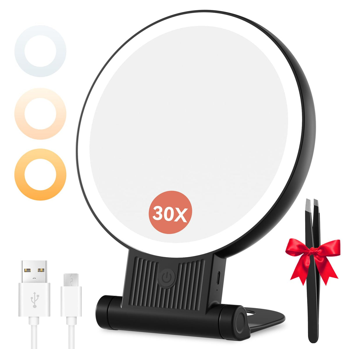 Auxmir 30X/1X Makeup Magnifying Mirror with Light, BM-2403 | double-sided button, adjustable 3 color lights, foldable design, desk mirror for travel women, 2000mAh battery, twezzers