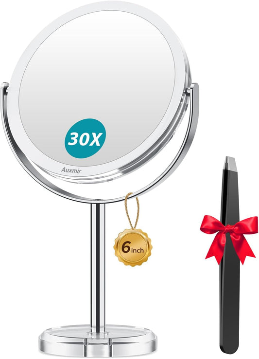 Auxmir 1X/30X Double-Sided Makeup Mirror, 6.7" Magnifying Mirror | 360°Rotation, Vanity Desk Table Stand Travel, Stainless Steel And Abs Construction, Tweezers, 30X Magnification