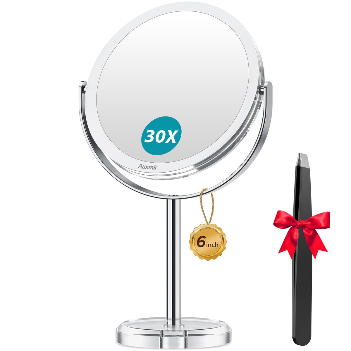 Auxmir 1X/30X Double-Sided Makeup Mirror, 6.7" Magnifying Mirror | 360°Rotation, Vanity Desk Table Stand Travel, Stainless Steel And Abs Construction, Tweezers, 30X Magnification
