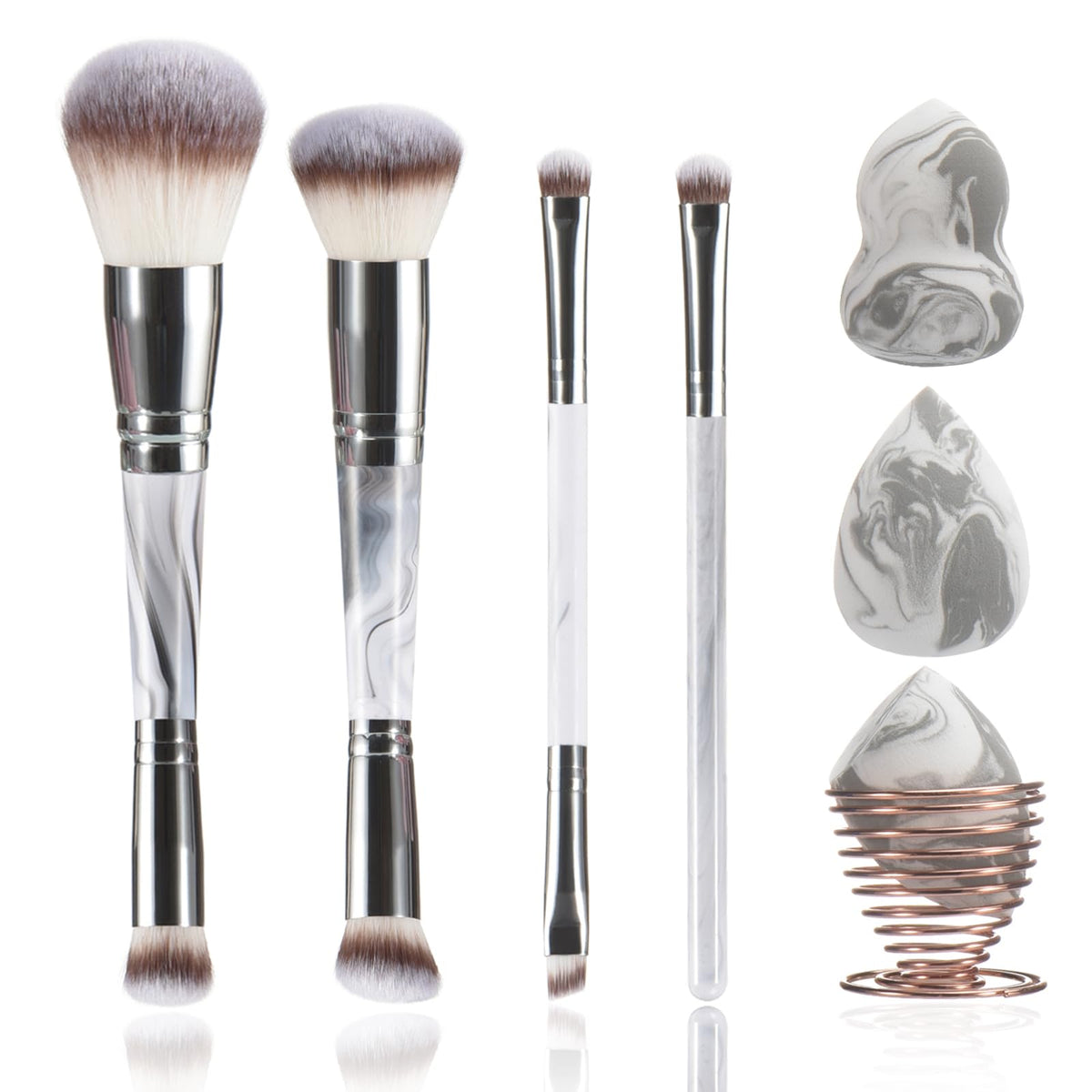 4PCS Gray Dual-Ended Makeup Brushes Set, Professional Powder Blush Concealer Eyeshadow Kabuki Foundation Brush Kit, with Travel Pouch, Soft Vegan Synthetic Bristles