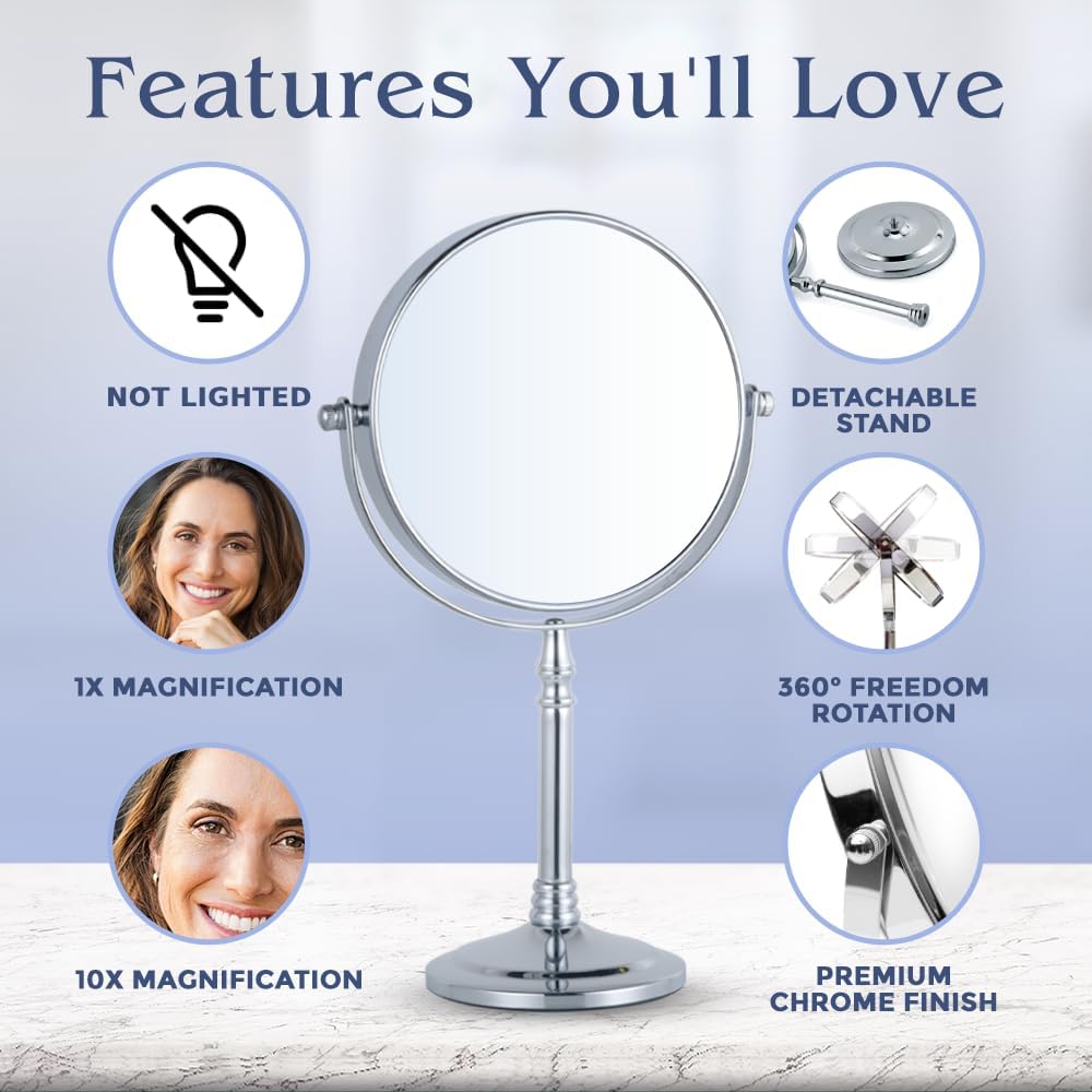 Large Double Sided 10X/1X Makeup Mirror, 15" x 8" (Chrome) | Dual sided Magnifying Mirror on Stand for Bedroom Vanity & Bathroom Use - Classic Free Standing Table Mirror for Skincare
