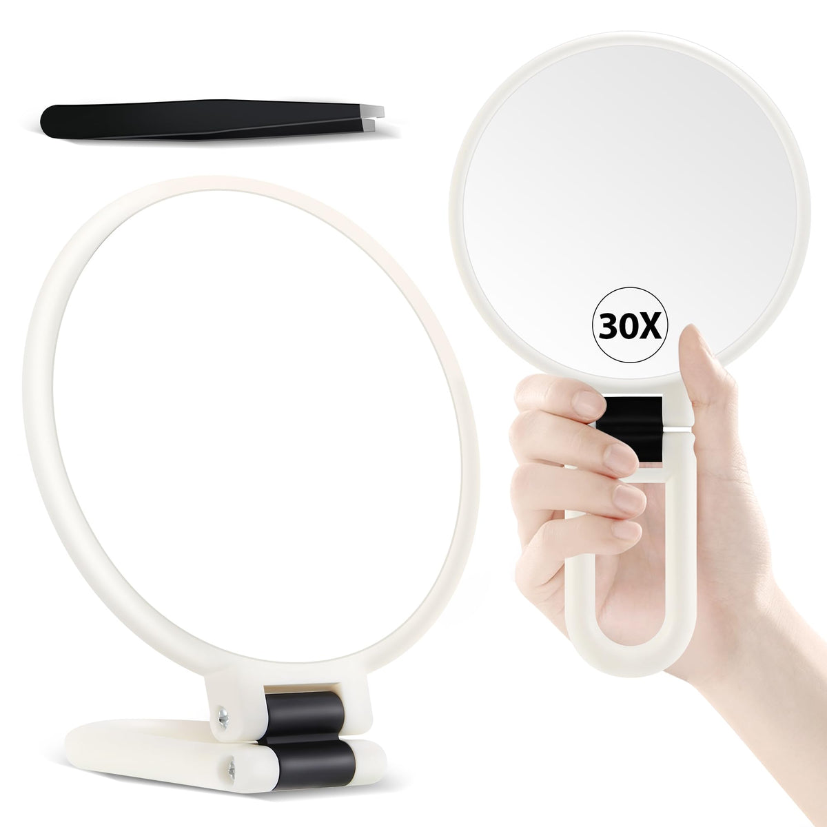 30X Magnifying Mirror, Hand Mirror with Handle, Double Sided Hand Mirror with 30X/1X Magnification, Travel Essential Portable Foldable Makeup Mirror for Precision Makeup Black