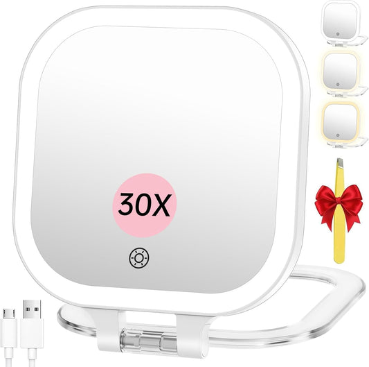 7" Rechargeable Travel Makeup Mirror 30X Magnification (White) | Lighted Portable Vanity Mirror with 3 Colors Lighting & Stepless Dimming, Double Sided LED Mirror, Gift for Women